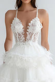White Lace V-Neck Tiered Mini A Line Graduation Dress