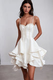 White Tiered Beaded Mini Graduation Dress with Ruffles