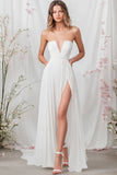 White Chiffon Tube Top Long A Line Engagement Dress with Slit