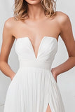White Chiffon Tube Top Long A Line Engagement Dress with Slit