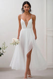 White V-Neck Chiffon Long Engagement Dress with Slit