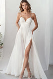 White Spaghetti Straps Chiffon Long Engagement Dress with Slit