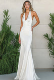 White Halter Satin Long Mermaid Engagement Dress