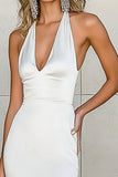 White Halter Satin Long Mermaid Engagement Dress