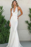 White Halter Satin Long Mermaid Engagement Dress