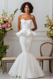 White Strapless Satin Long Mermaid Engagement Dress with Ruffles
