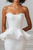 White Strapless Satin Long Mermaid Engagement Dress with Ruffles