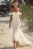 White Satin Long Boho Mermaid Engagement Dress with Ruffles