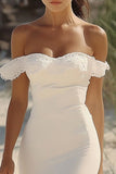 White Satin Long Boho Mermaid Engagement Dress with Ruffles