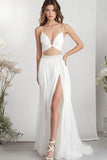 White Chiffon Two Piece Long Engagement Dress with Slit