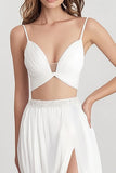 White Chiffon Two Piece Long Engagement Dress with Slit