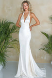 White Satin Halter Long Mermaid Engagement Dress