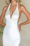 White Satin Halter Long Mermaid Engagement Dress