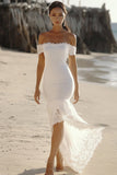 White Satin Mermaid High-Low Engagement Dress with Lace