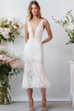 White V-Neck Lace Long A Line Engagement Dress