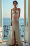 White Spaghetti Straps Satin Formal Dress with Slit