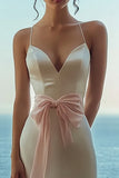 White Spaghetti Straps Satin Formal Dress with Slit
