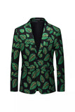 Dark Green Notched Lapel Leaf Printed Men's Blazer