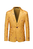 Yellow Floral Embroidered One Button Notched Lapel Men's Blazer