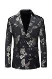 Black Floral Embroidered Peak Lapel Men's Blazer with Button