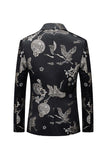 Black Floral Embroidered Peak Lapel Men's Blazer with Button