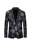 Black Floral Embroidered Notched Lapel One Button Men's Blazer