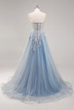 Sparkly Dusty Blue A Line Corset Beaded Maxi Prom Dress with Slit