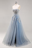 Sparkly Dusty Blue A Line Corset Beaded Maxi Prom Dress with Slit