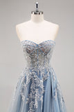 Sparkly Dusty Blue A Line Corset Beaded Maxi Prom Dress with Slit