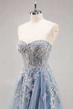 Sparkly Dusty Blue A Line Corset Beaded Maxi Prom Dress with Slit