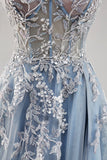 Sparkly Dusty Blue A Line Corset Beaded Maxi Prom Dress with Slit