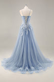 Sparkly Dusty Blue A Line Corset Beaded Maxi Prom Dress with Slit