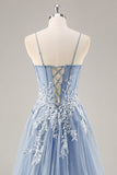 Sparkly Dusty Blue A Line Corset Beaded Maxi Prom Dress with Slit