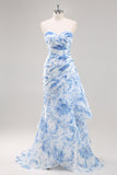 White Blue Mermaid Floral Print Maxi Prom Dress with Ruffles