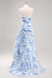 White Blue Mermaid Floral Print Maxi Prom Dress with Ruffles
