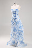 White Blue Mermaid Floral Print Maxi Prom Dress with Ruffles