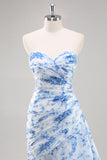 White Blue Mermaid Floral Print Maxi Prom Dress with Ruffles