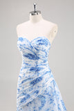 White Blue Mermaid Floral Print Maxi Prom Dress with Ruffles