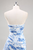 White Blue Mermaid Floral Print Maxi Prom Dress with Ruffles
