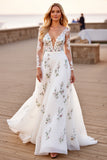 Tulle White A Line V-Neck Floral Appliqued Long Sleeves Wedding Dress