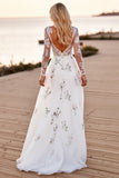 Tulle White A Line V-Neck Floral Appliqued Long Sleeves Wedding Dress