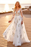 Tulle White A Line V-Neck Floral Appliqued Long Sleeves Wedding Dress