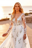 Tulle White A Line V-Neck Floral Appliqued Long Sleeves Wedding Dress