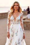 Tulle White A Line V-Neck Floral Appliqued Long Sleeves Wedding Dress