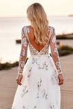 Tulle White A Line V-Neck Floral Appliqued Long Sleeves Wedding Dress