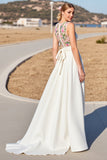 White A Line Satin Boho Sweep Train Wedding Dress with Flower Applique