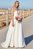 White A Line Satin Boho Sweep Train Wedding Dress with Flower Applique