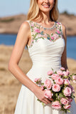 White A Line Satin Boho Sweep Train Wedding Dress with Flower Applique