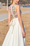 White A Line Satin Boho Sweep Train Wedding Dress with Flower Applique