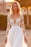 A Line Long Sleeves Tulle White Sweep Train Wedding Dress with Appliques